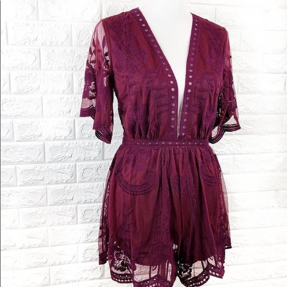 Elegant Burgundy Crochet Lace Romper - Picture 5 of 7